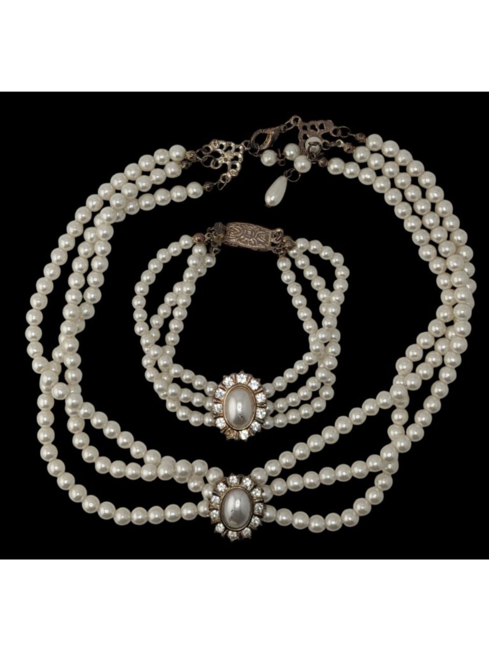 Vintage Faux Pearl Necklace Bracelet Set Rhinestone Victorian Elegance Jewelry - Picture 6 of 14